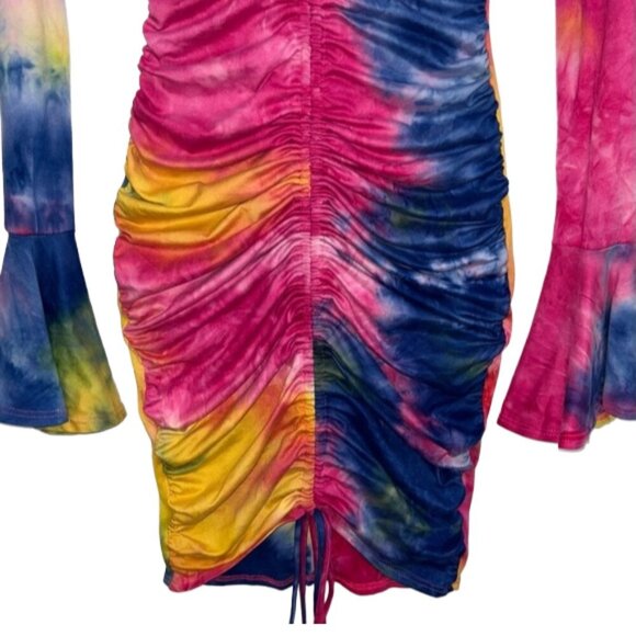 NWT Tie Dye Ruched Off Shoulder Bell Sleeve Bodycon Mini Dress S Festival - Picture 2 of 10